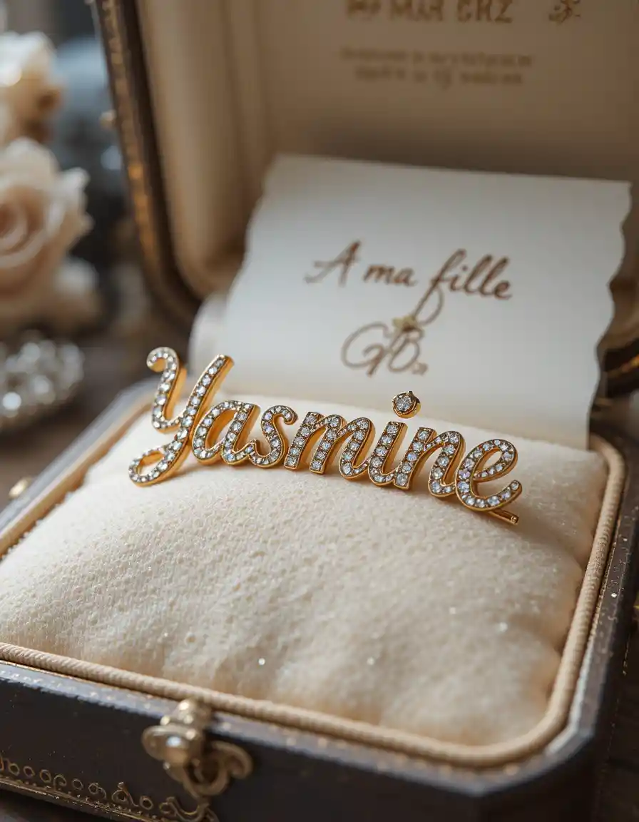 Gold name brooch with diamonds in a jewelry box
