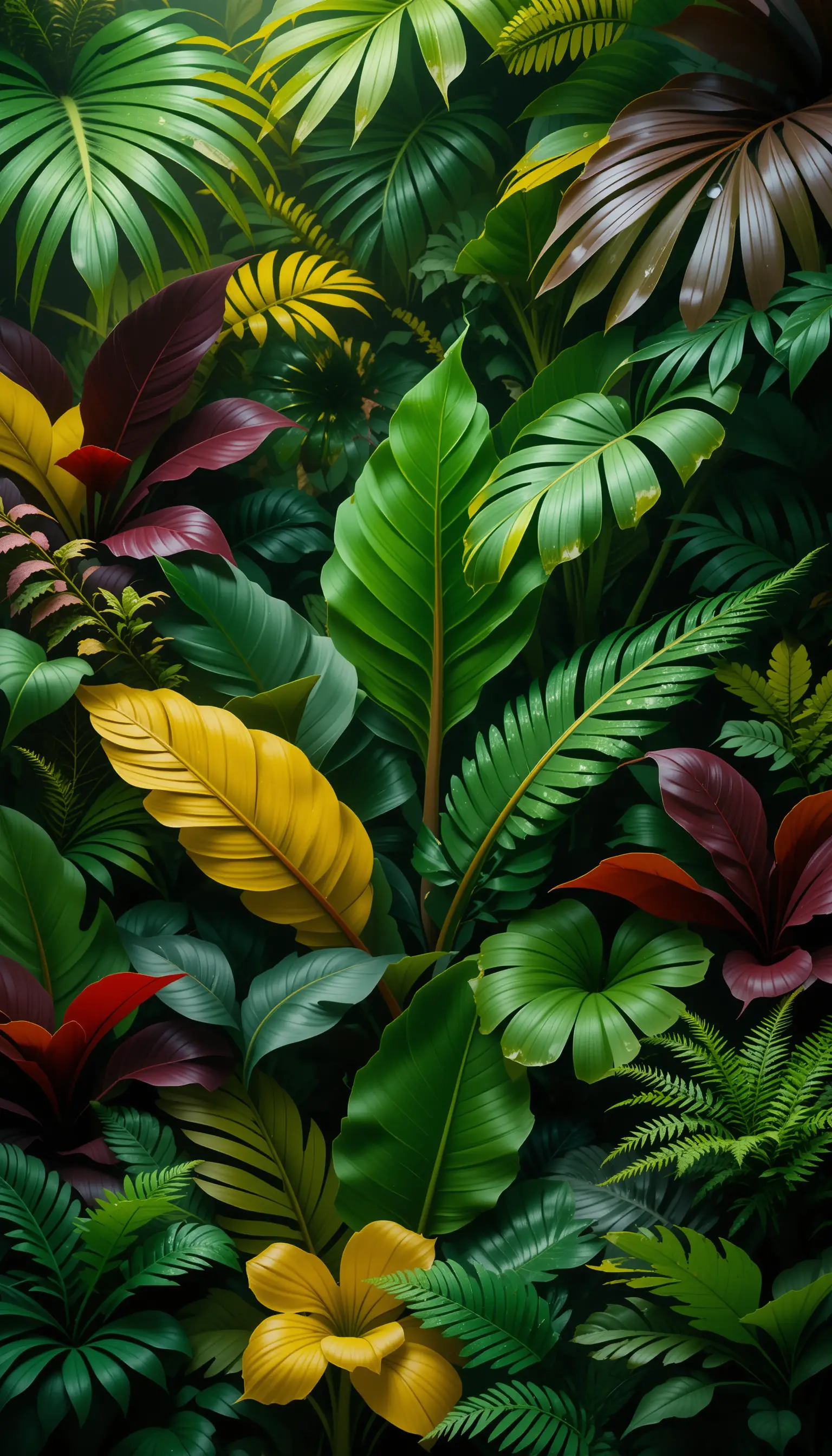 Lush Tropical Leaves With Dew In Rainforest Light