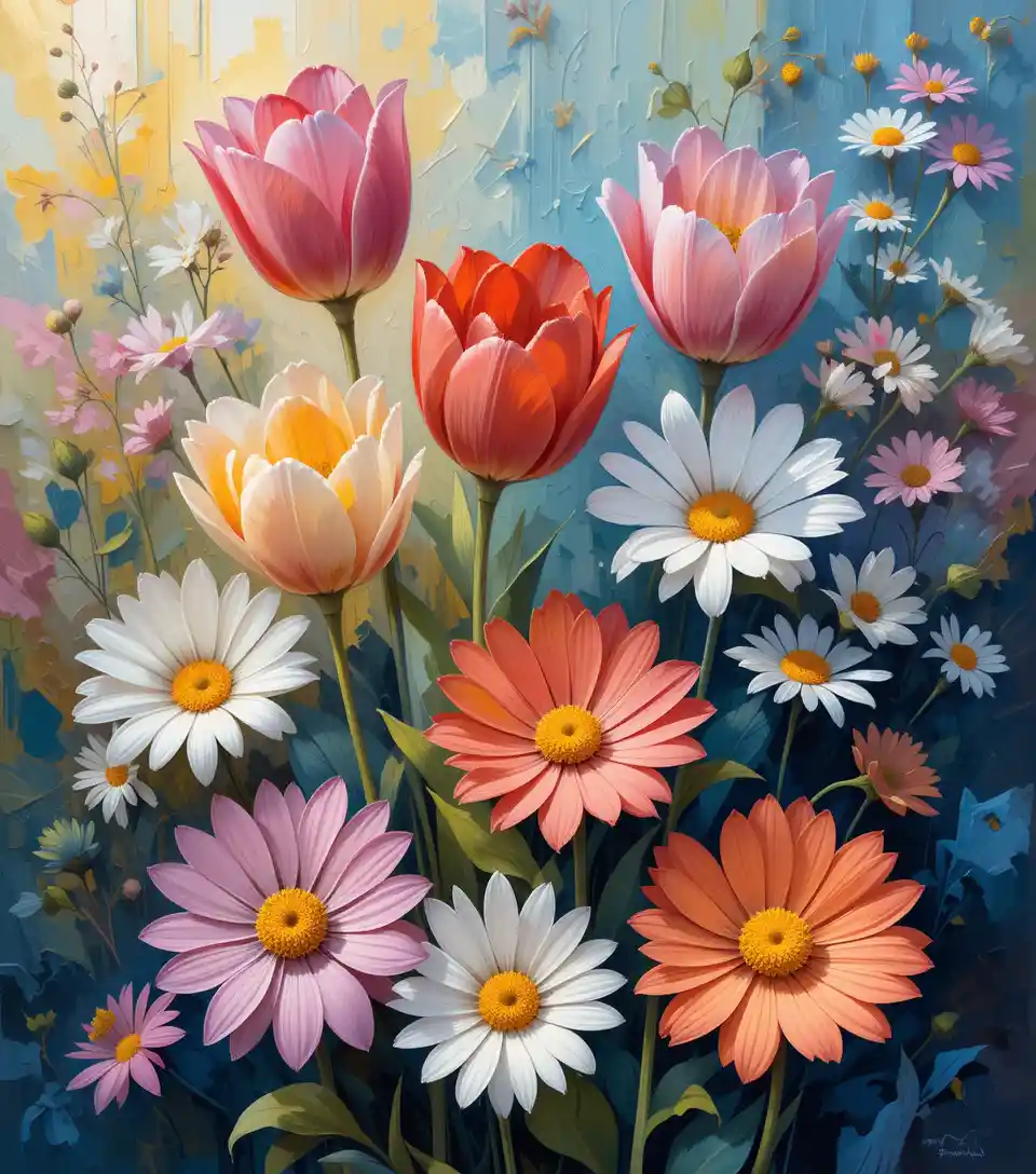 Colorful impressionist painting of tulips and daisies in bloom