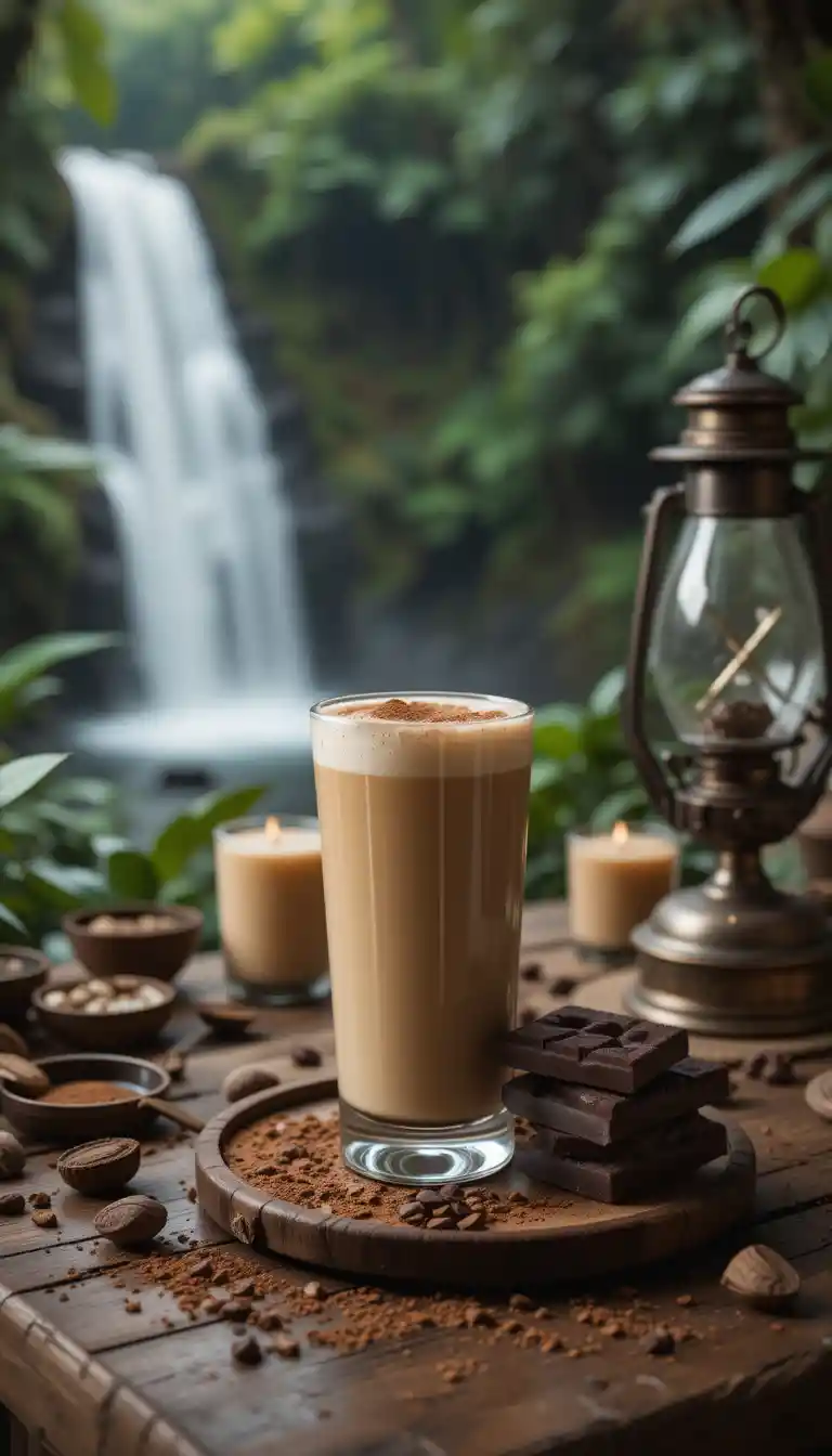 Latte And Chocolate On Table By Jungle Waterfall