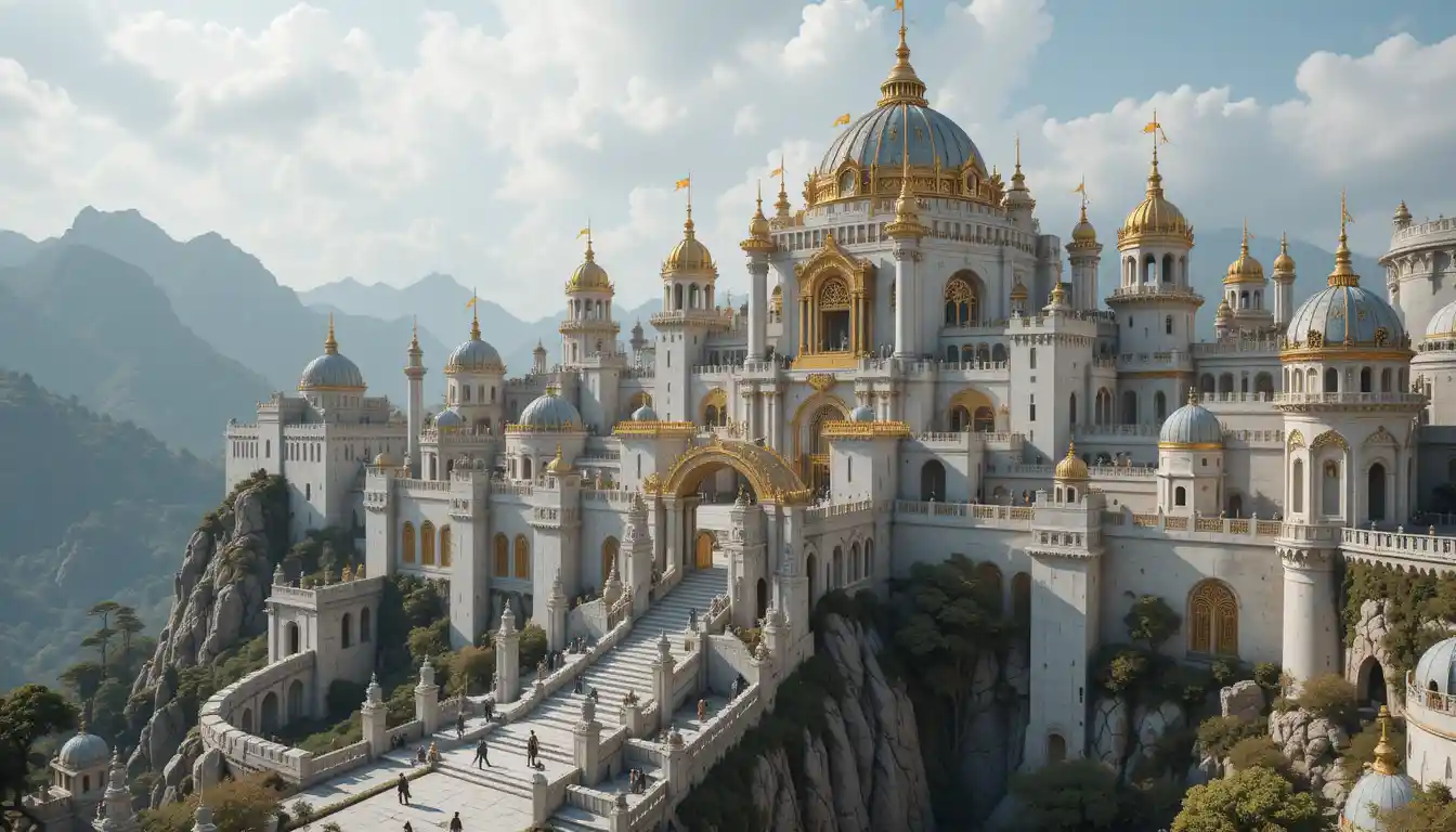 Massive white and obsidian fantasy city with gold details
