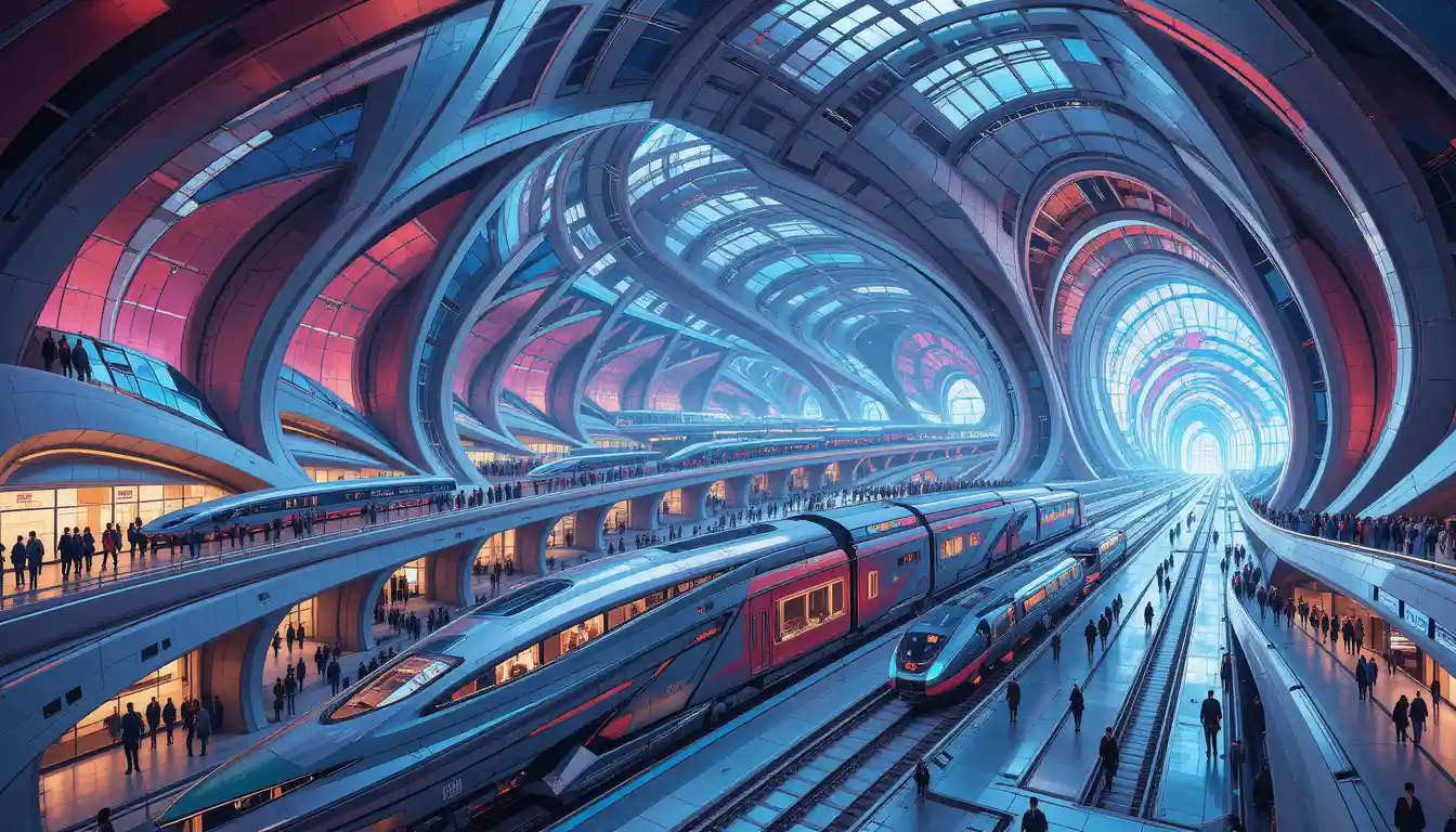 Estação de trem futurista com arquitetura orgânica e luzes de néon