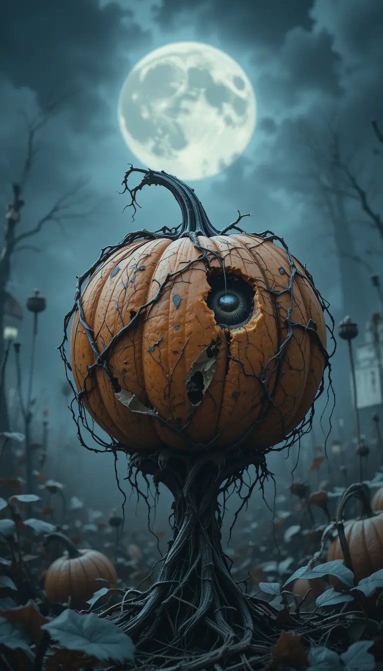 Rotting pumpkin in a decayed garden under full moon