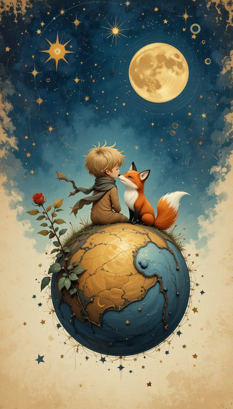 Petit garçon et renard sur une minuscule planète avec une rose rouge