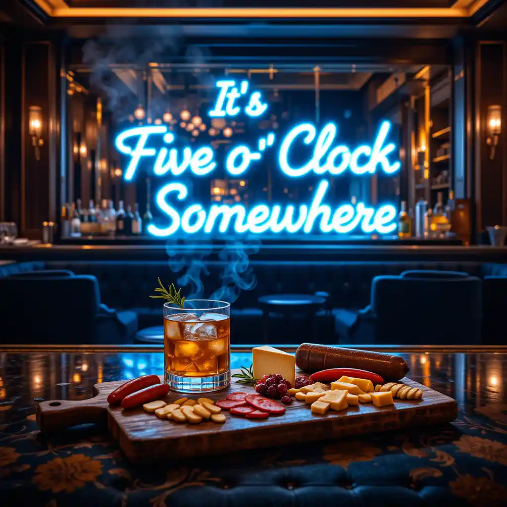 Smoked old fashioned cocktail with charcuterie in neon bar