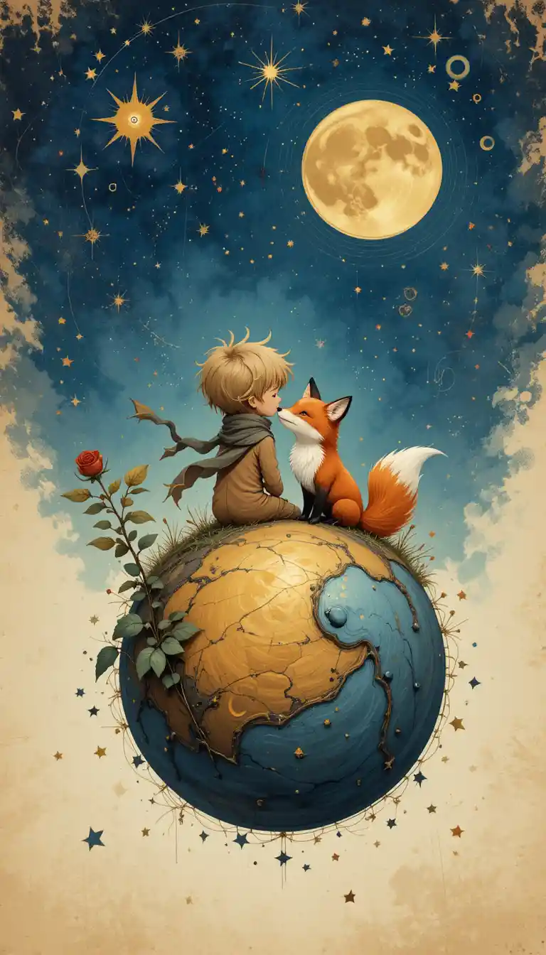 小男孩與狐狸在長著紅玫瑰的小星球上