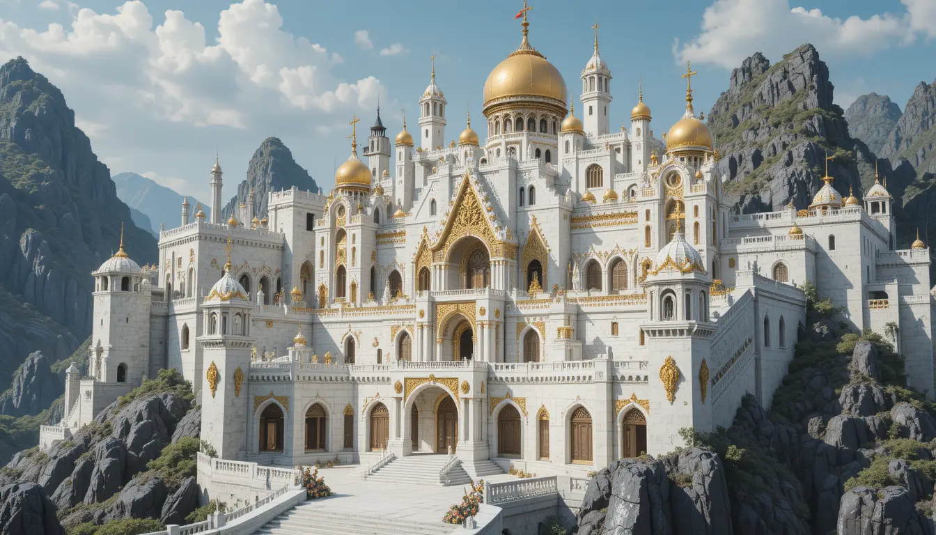Fortified white and obsidian fantasy city with gold details