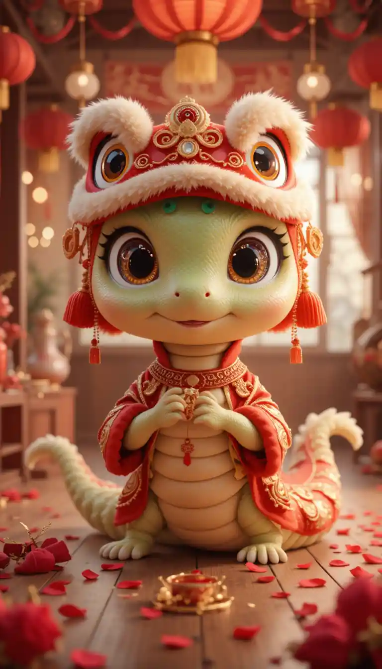 Cute cobra in Chinese lion dance costume indoors