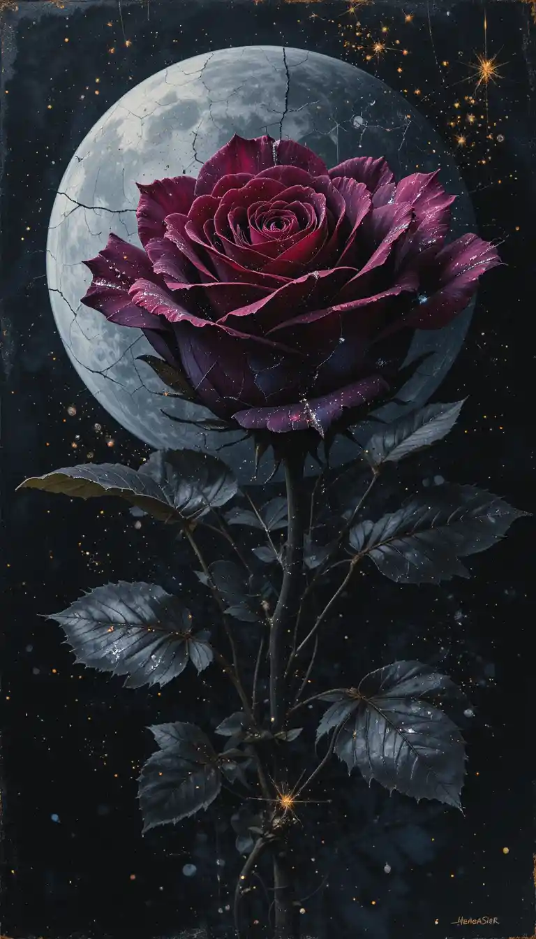 Watercolor dark rose against cracked mirror and full moon