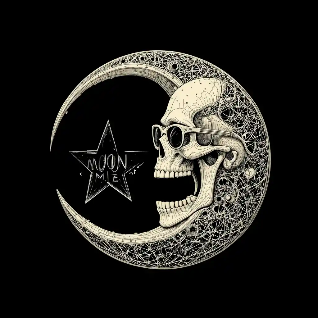 Surreal crescent skull moon with line art sunglasses