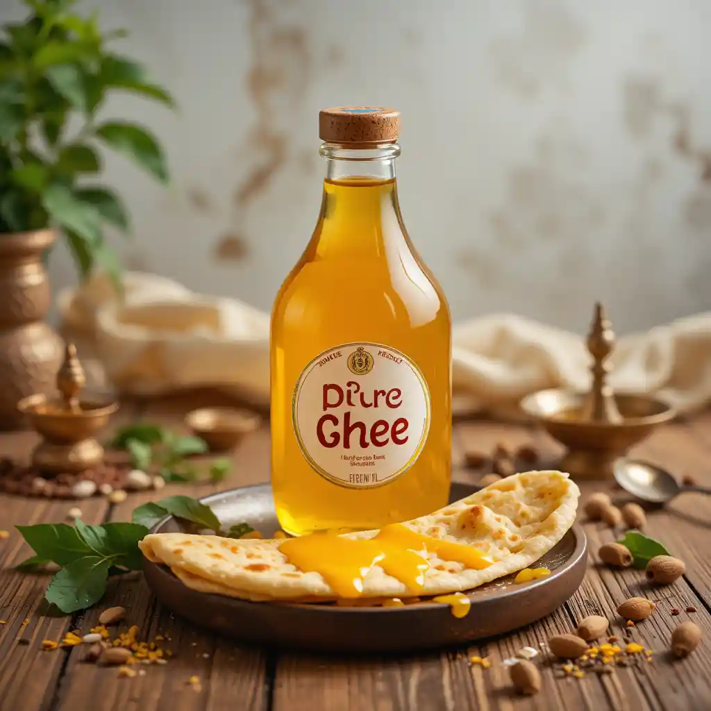 Glass bottle of golden ghee on rustic wooden table