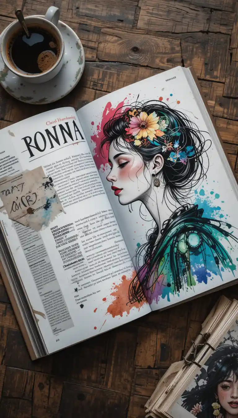 Revista de moda tipo tabloide con perfil ilustrado de chica