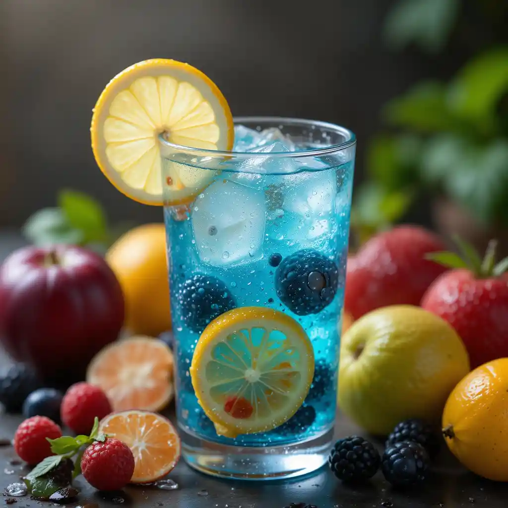 Cold blue drink with fresh fruits and ice on glass