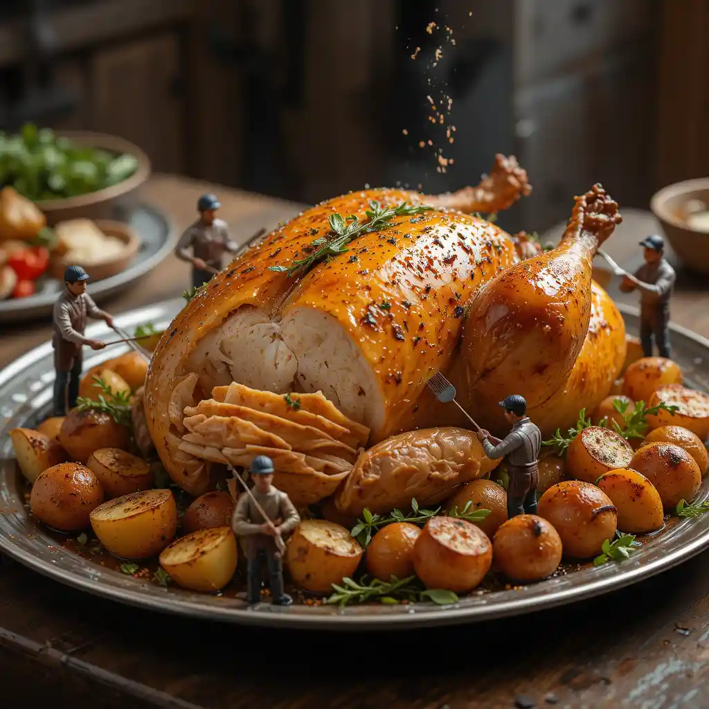 Golden roast chicken with tiny workers preparing dinner