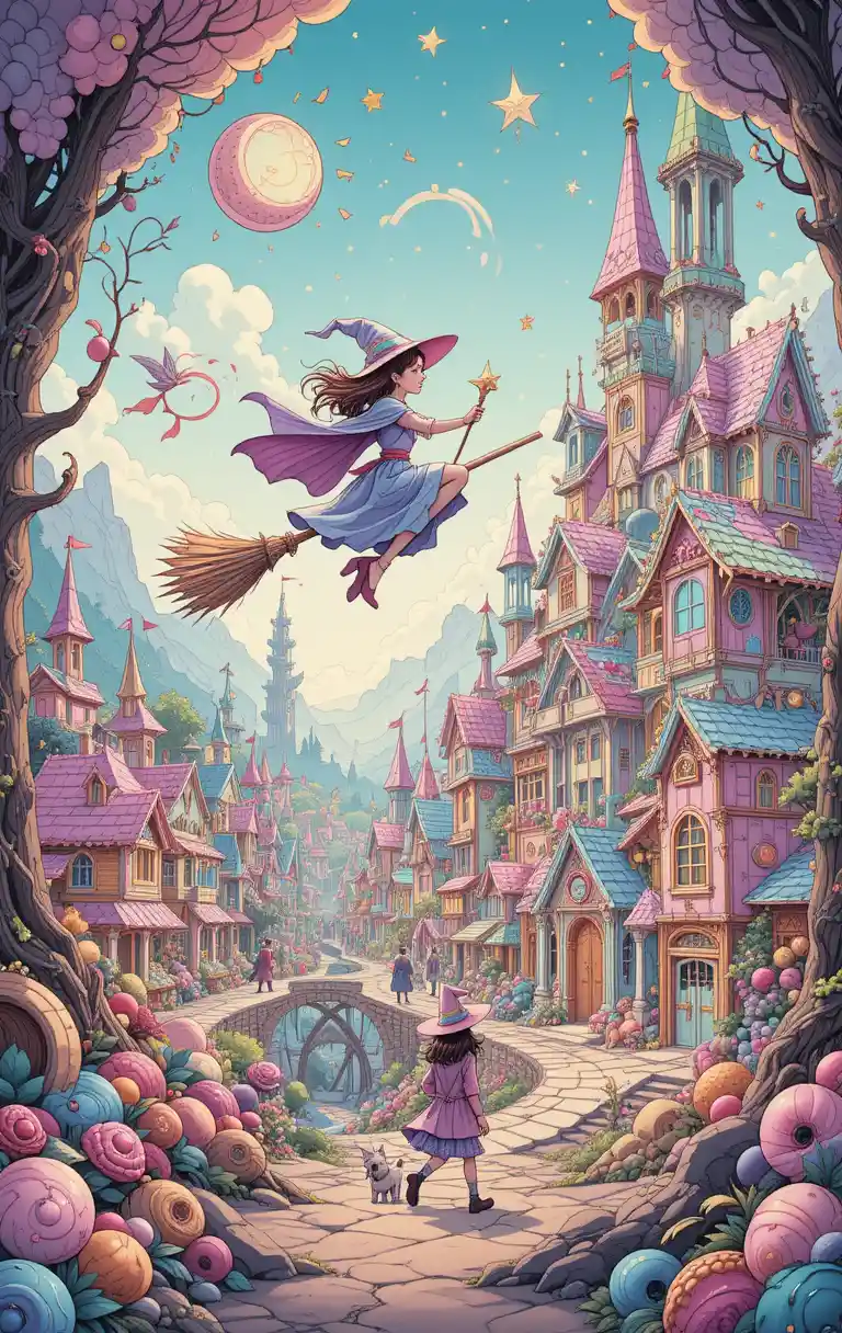 Girl Riding A Wizard On A Broom Through The Sky