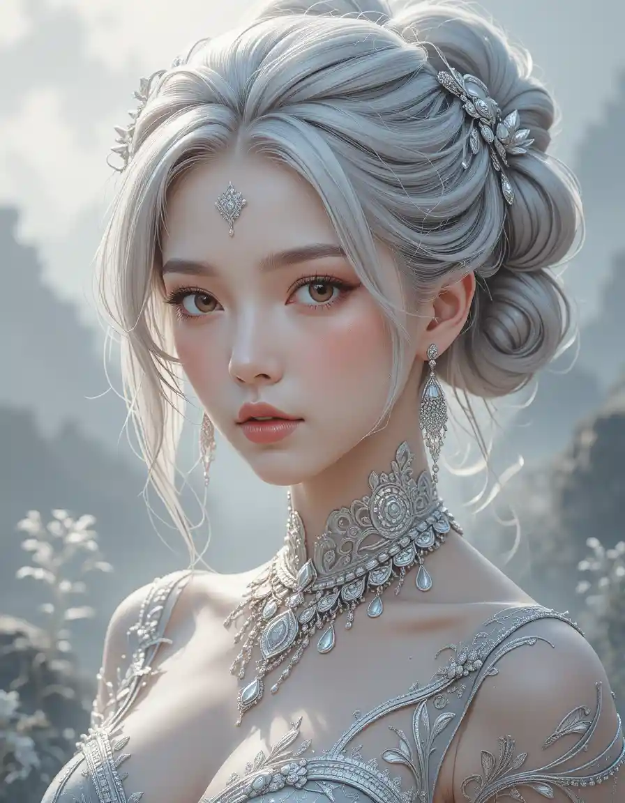 Ethereal anime woman with silver hair and soft blush