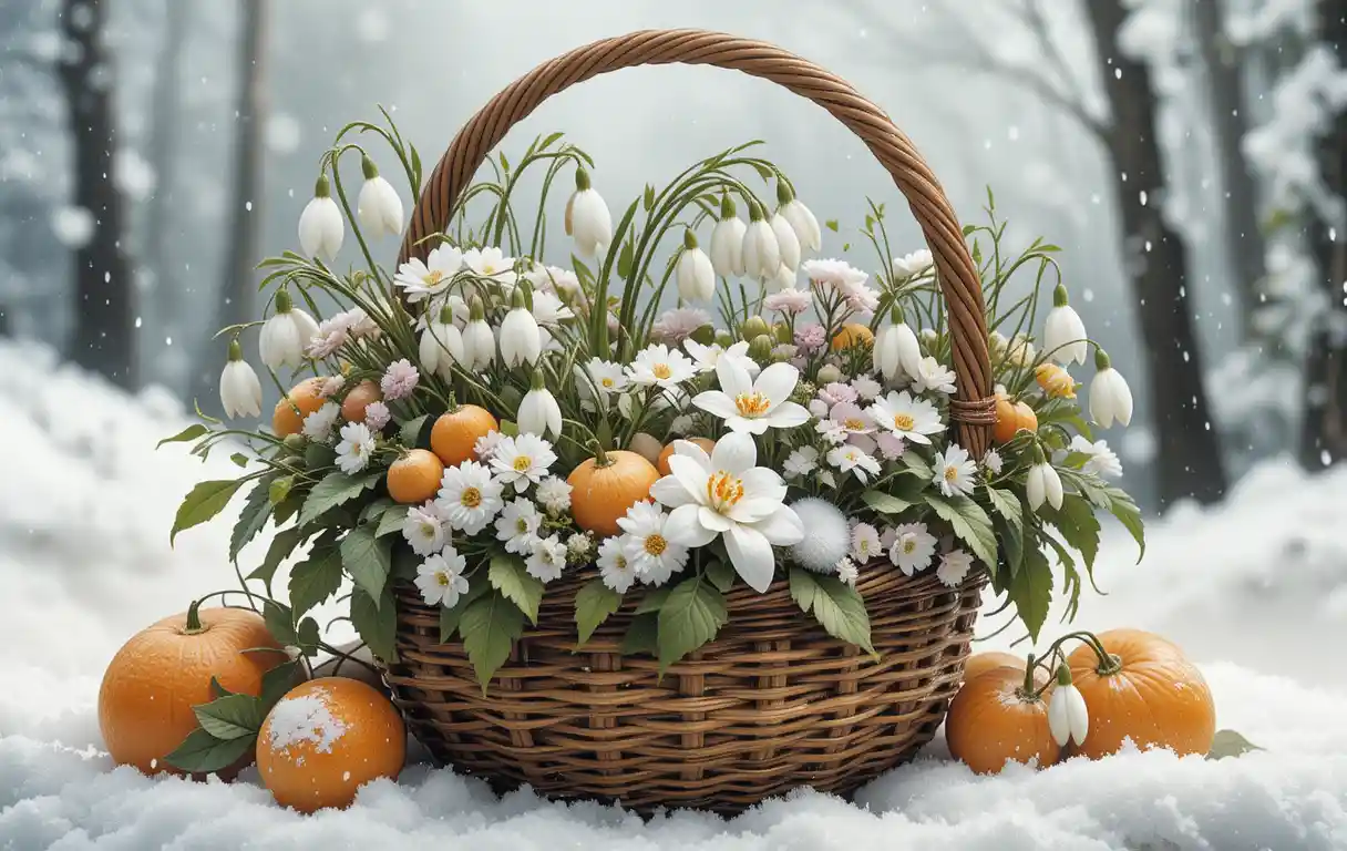 Panier de perce-neige, primevères et oranges dans la neige