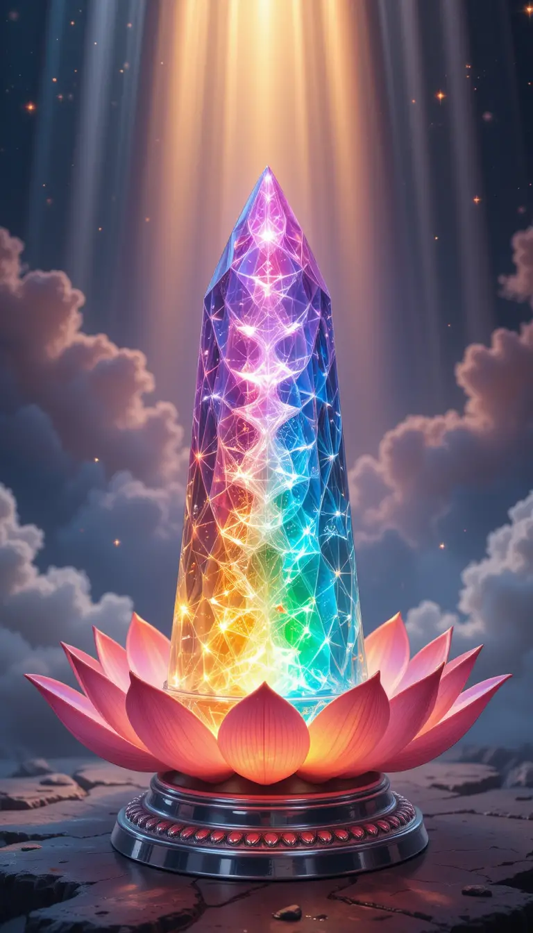 Shivalingam de cristal transparente con luz divina arcoíris