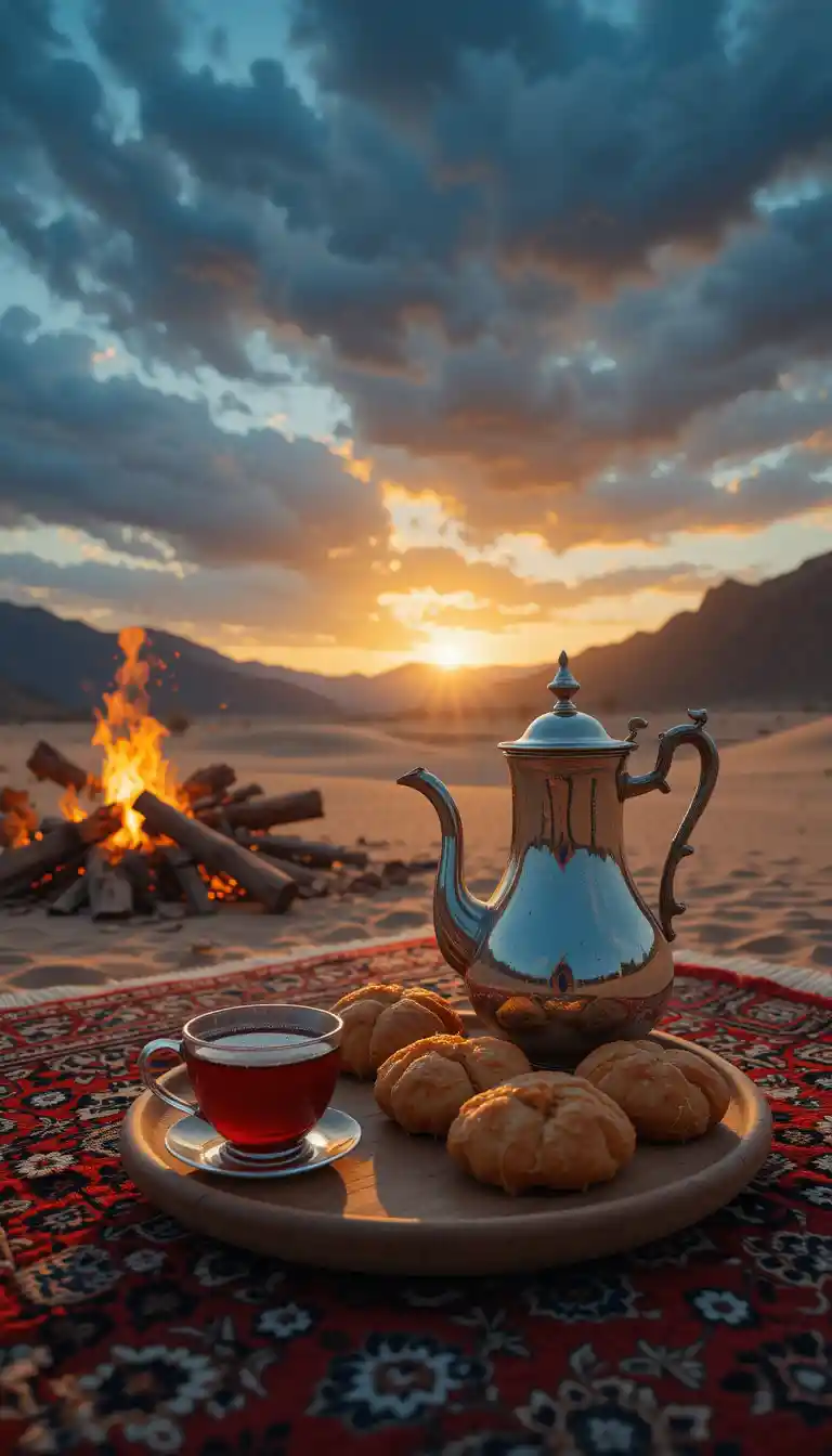 Silver teapot and pastries on a desert campfire carpet