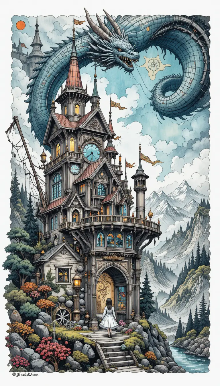 Whimsical steampunk castle illustration in a fantasy world