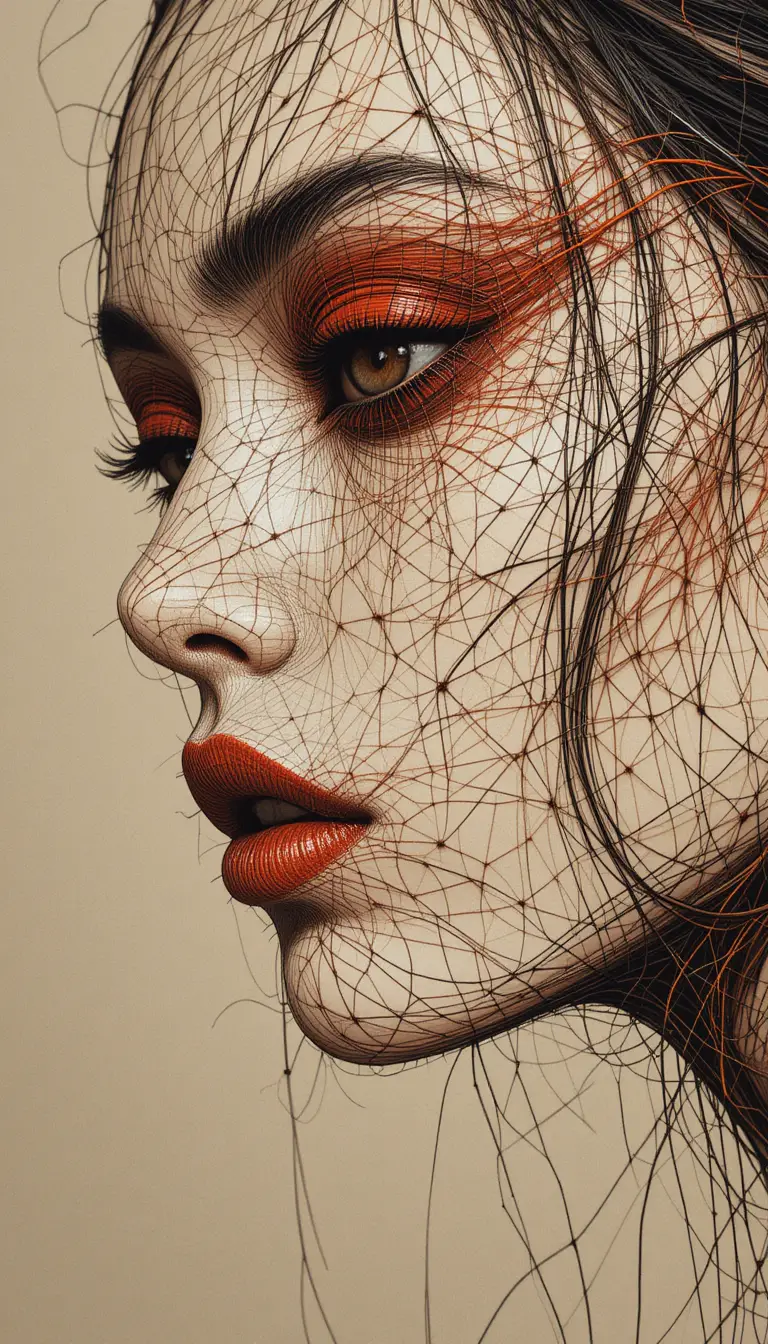 Wire like line drawing portrait of a woman with red eyeshadow