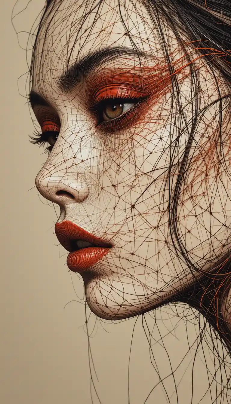 Wire like line drawing portrait of a woman with red eyeshadow