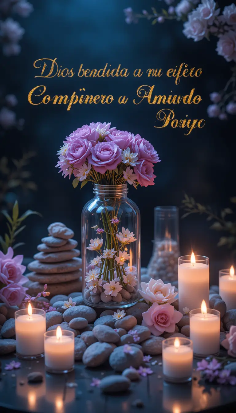 Golden dedication with candles and violet rose bouquet