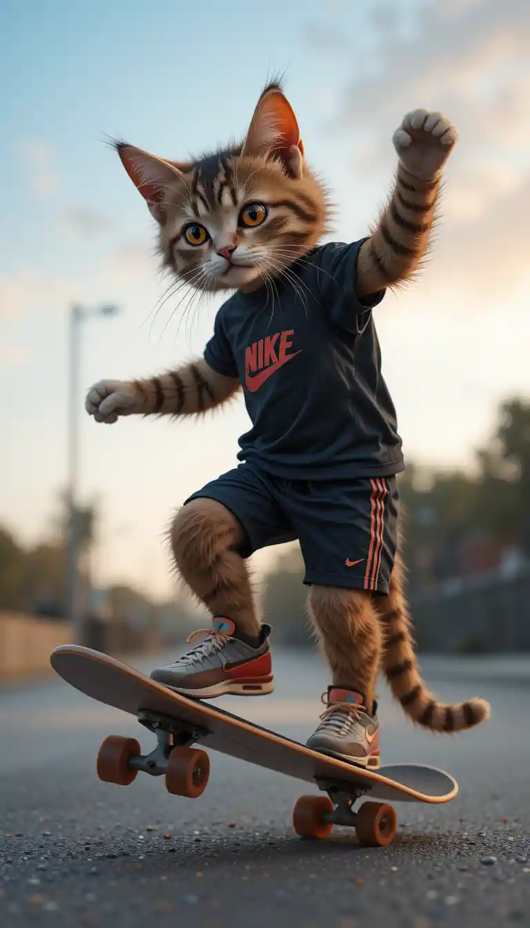 Manga cat jumping with skateboard in sporty outfit