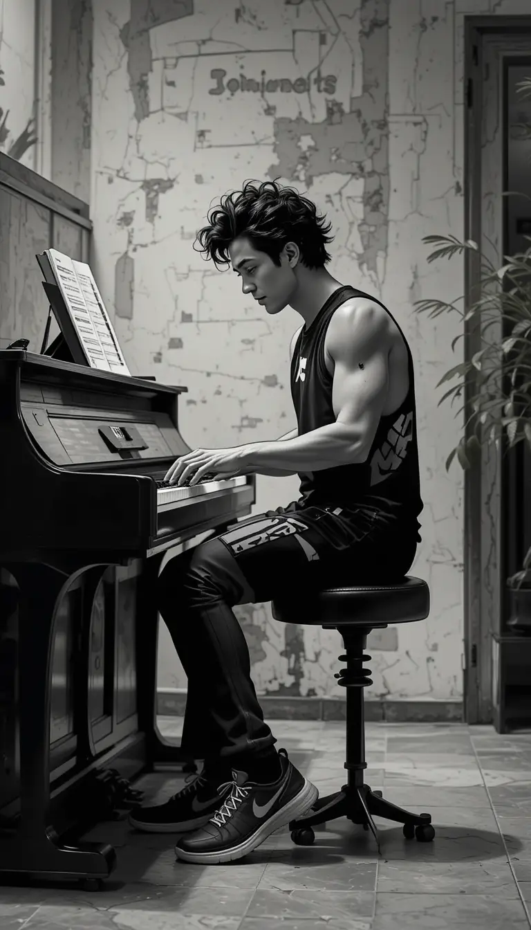 Anime pianist passionately playing an energetic rock piece