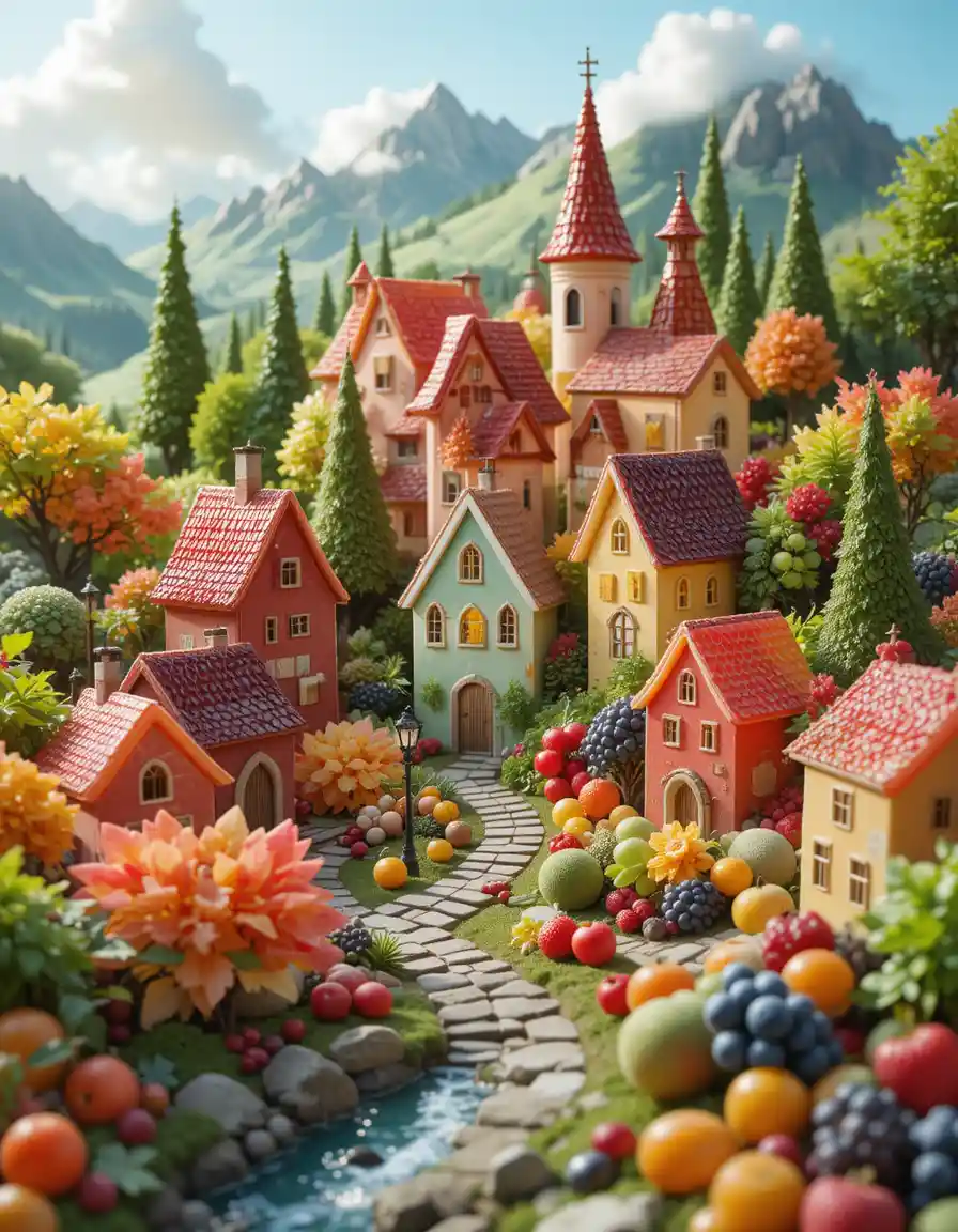 Colorful fantasy village built entirely from fruit jelly