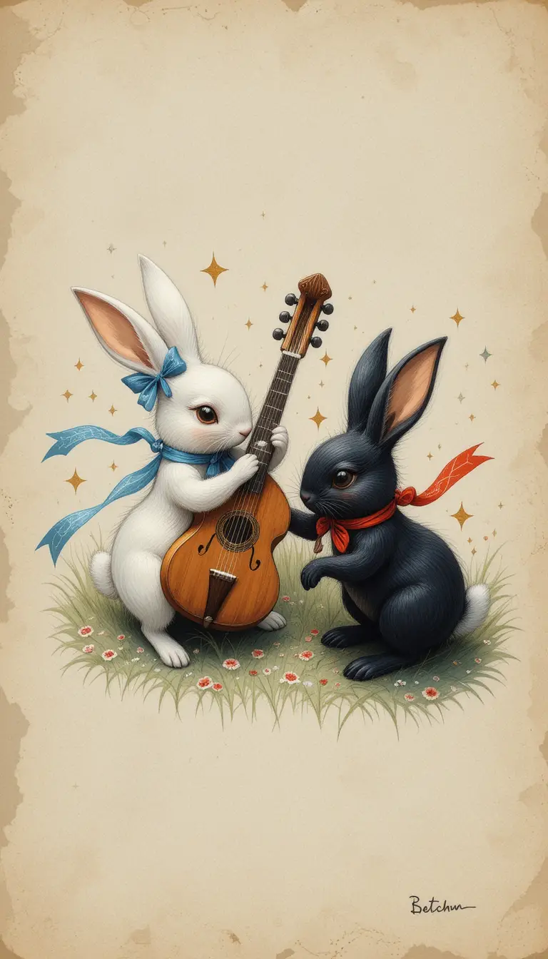 Two playful chibi rabbits on grass storybook illustration