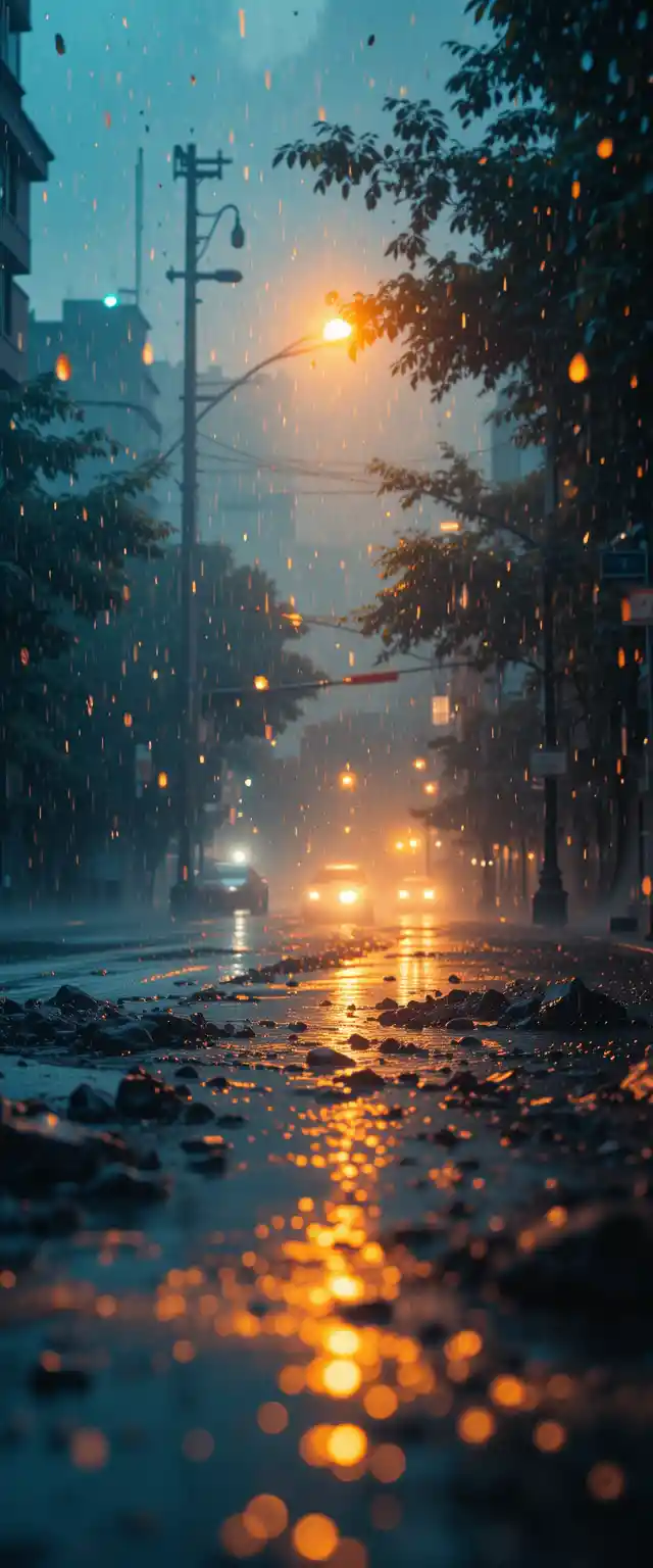 Golden hour rain on wet city street with reflections