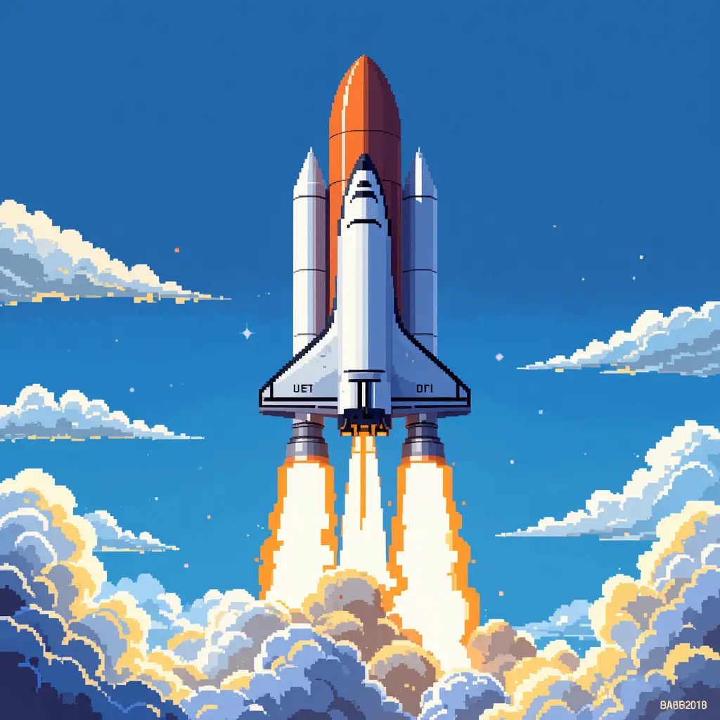 Pixel art space shuttle launching into a clear blue sky