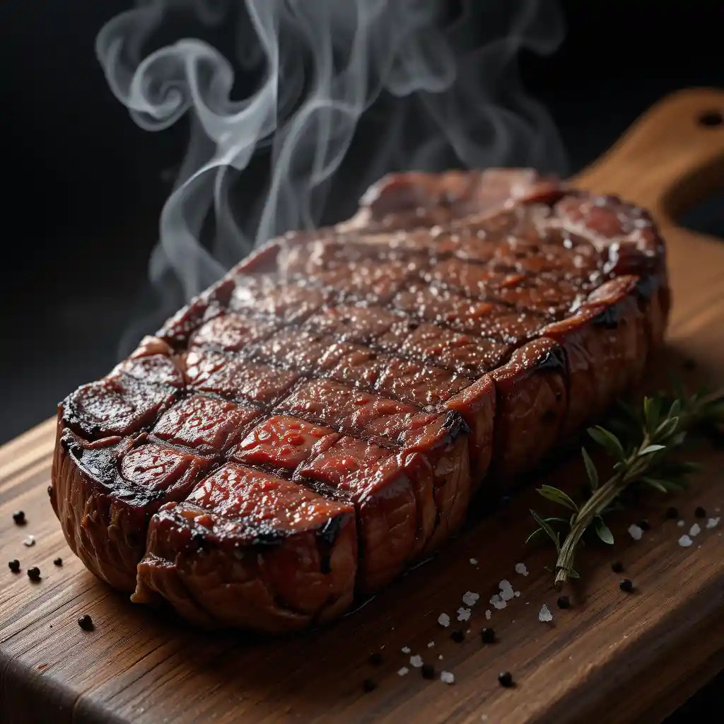 Close up 3d rendering of steak on wooden cutting board