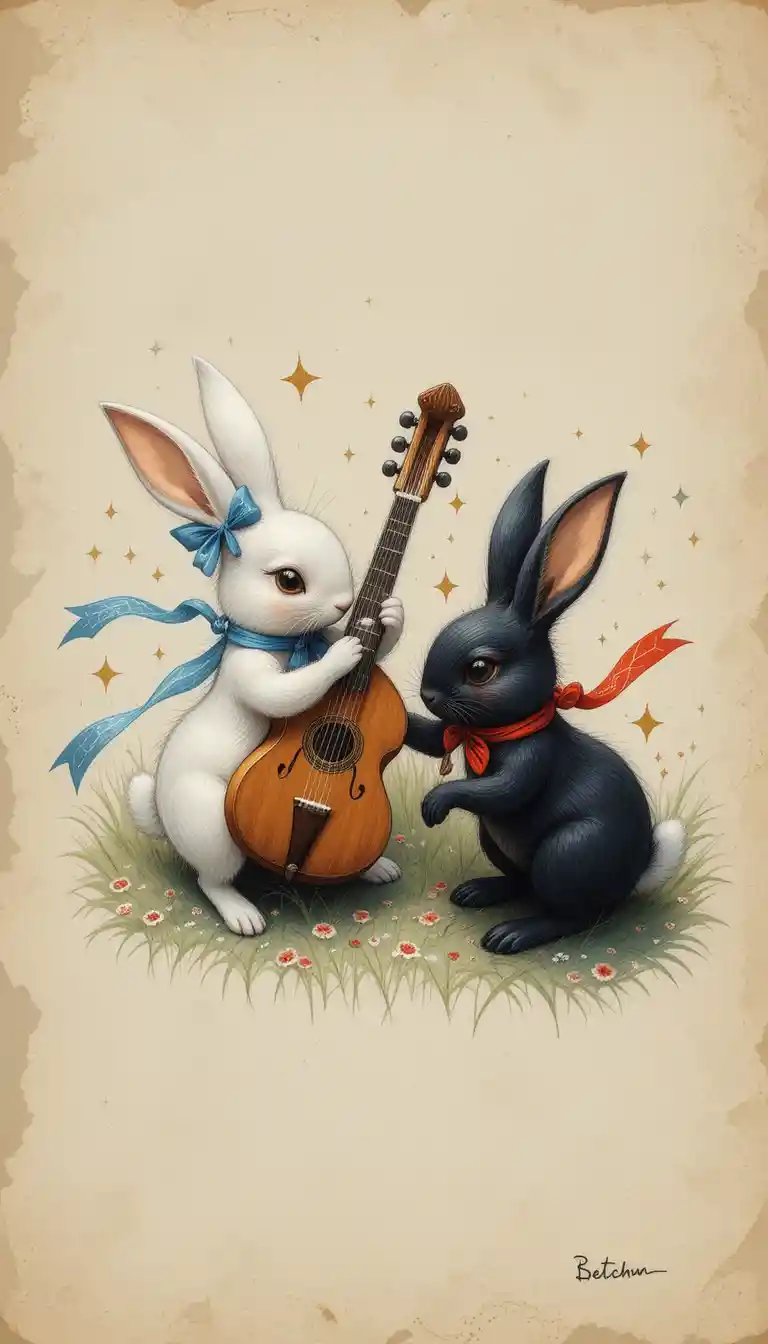 Two playful chibi rabbits on grass storybook illustration