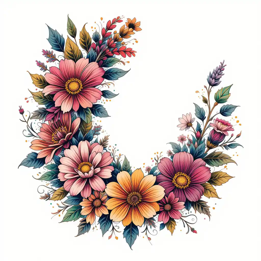 Colorful floral vector tattoo design on white background