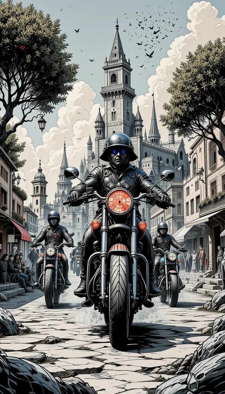 Fantasy motorbikes racing through a harbor city street