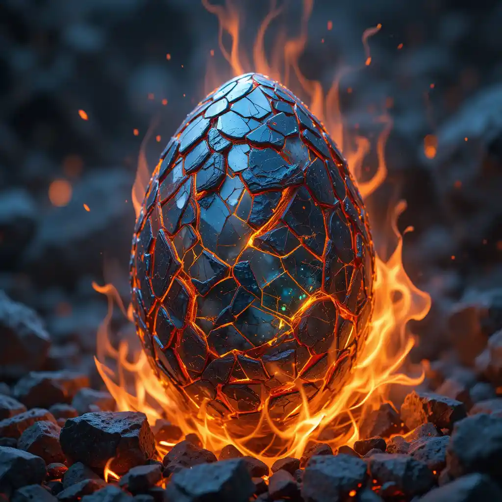 Crystal dragon egg glowing among burning embers and fire