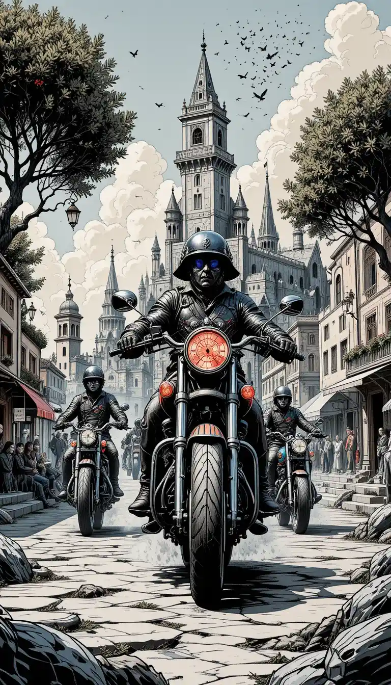 Fantasy motorbikes racing through a harbor city street