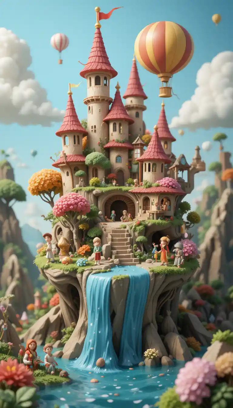 Whimsical floating island world with balloons in 3D clay style