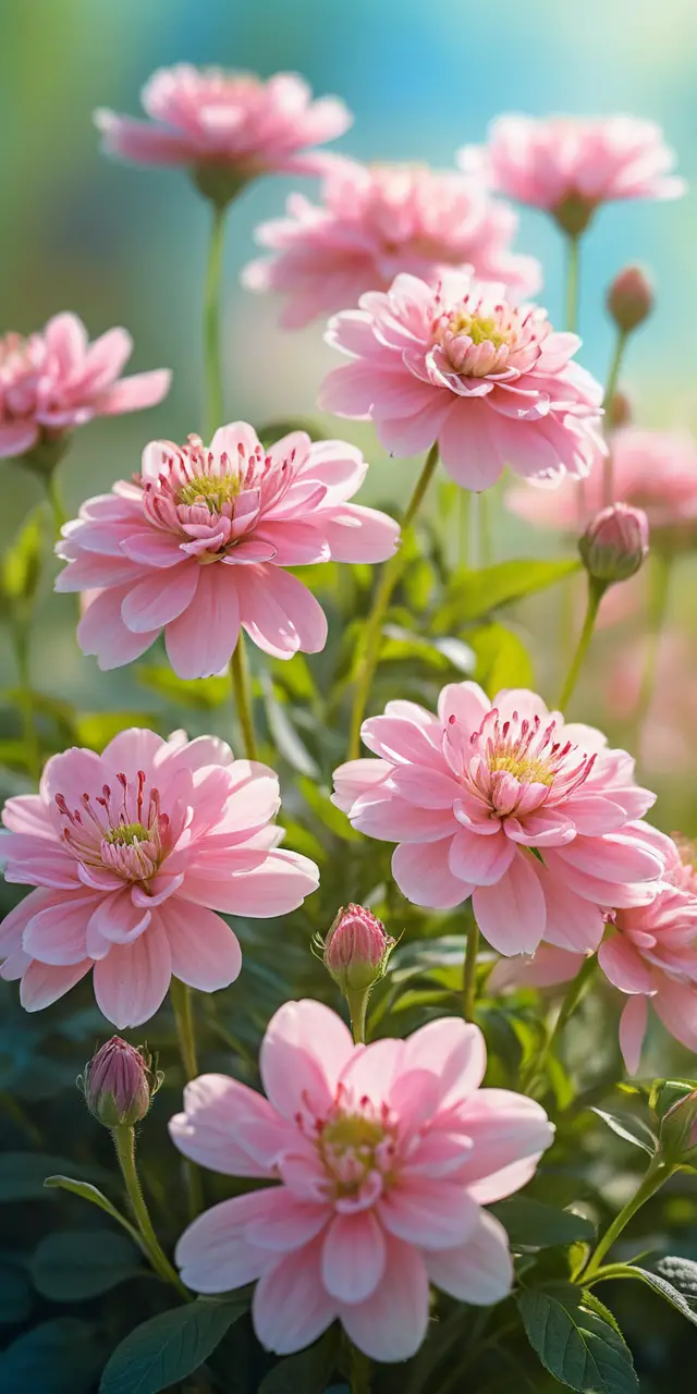 Pink flowers in full bloom with soft glowing background