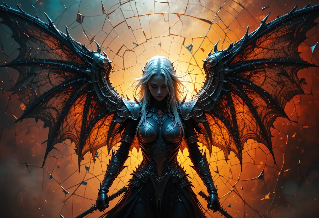 Silver haired demon hunter silhouette against shattered colors