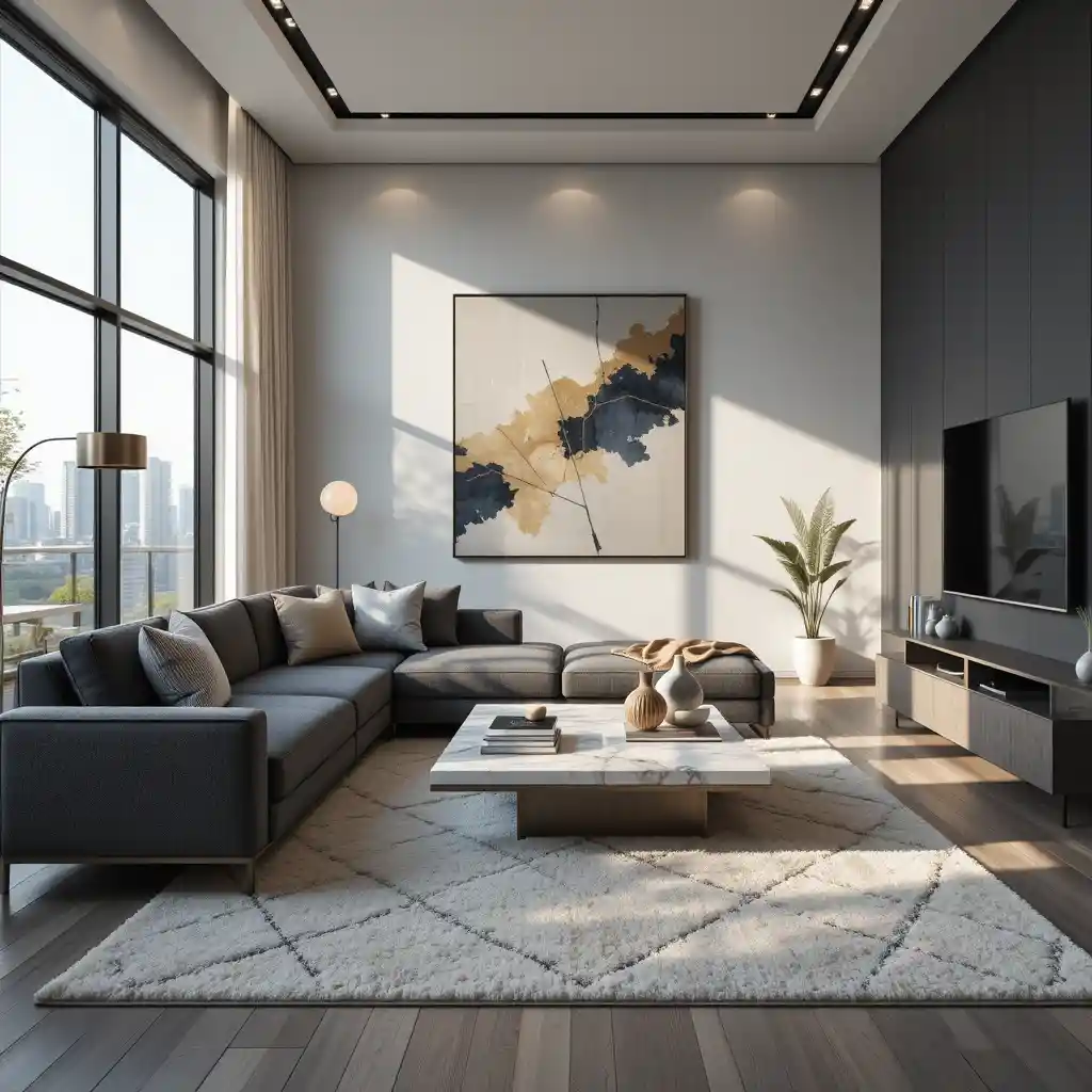 Modernes Luxus-Wohnzimmer mit sanftem Tageslicht