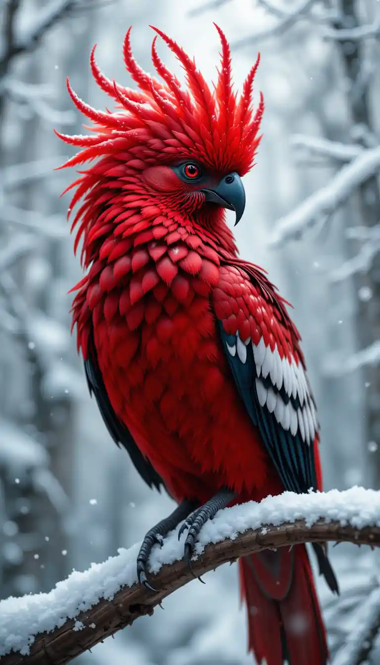 Exotic red crested bird on snowy branch in forest