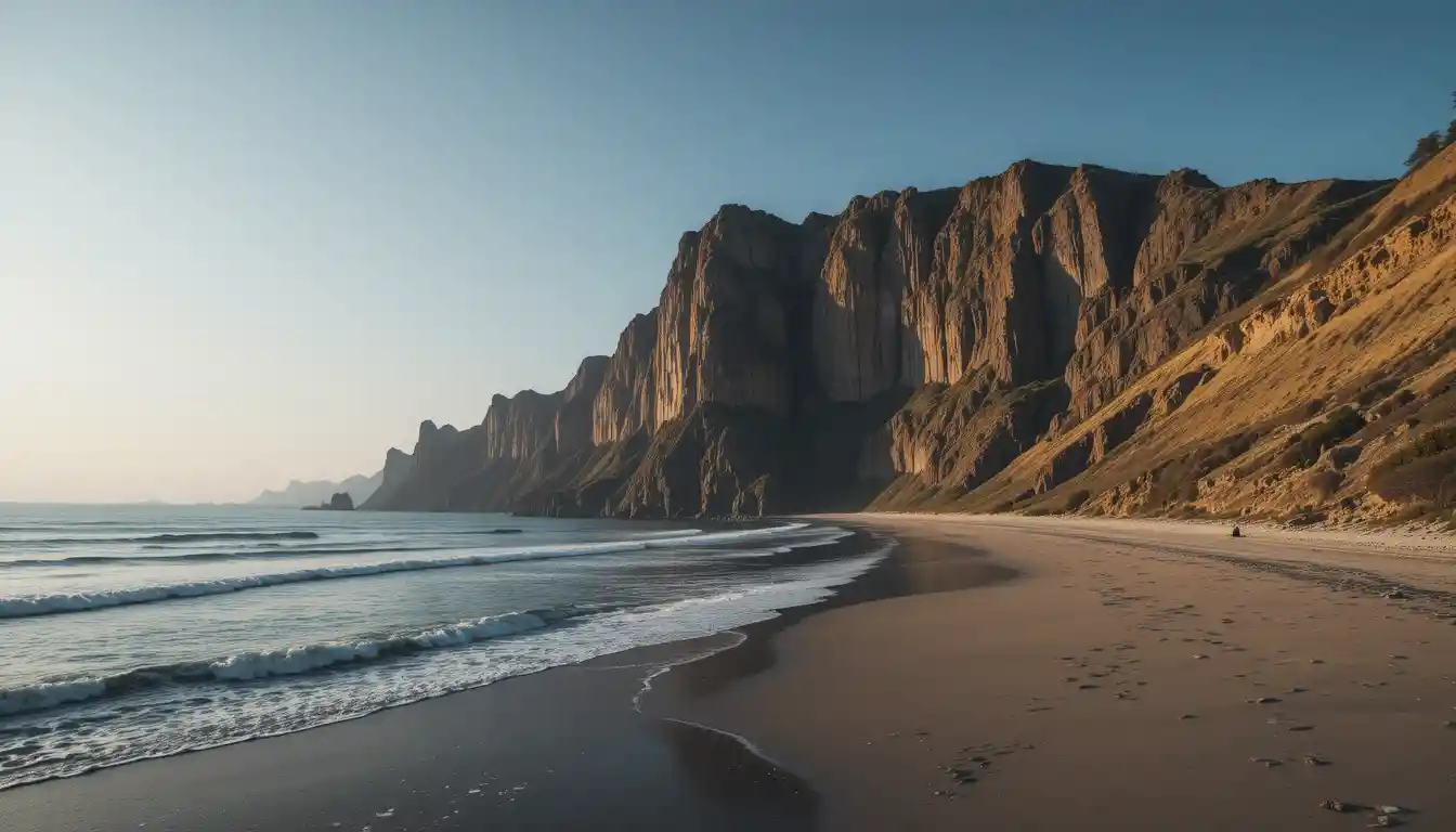 Towering seaside cliff above a tranquil empty beach
