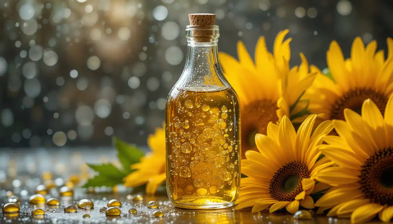 Glass oil bottle with water droplets and sunflower flowers