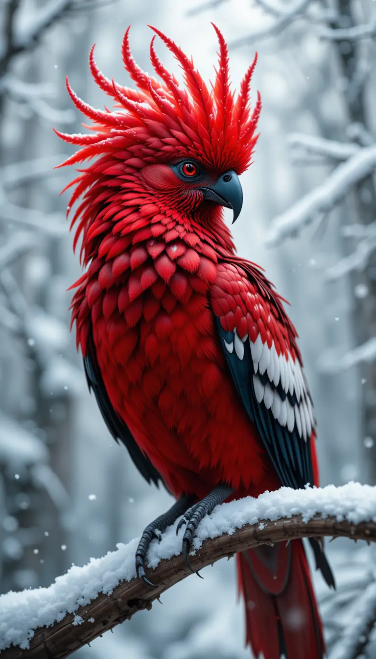 Exotic red crested bird on snowy branch in forest