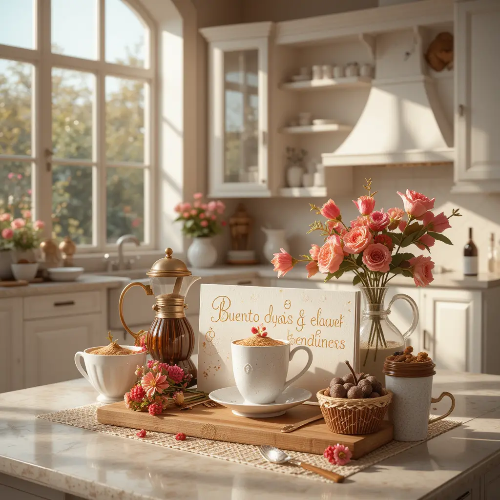 Cozy 3D kitchen scene with steaming coffee and pancakes