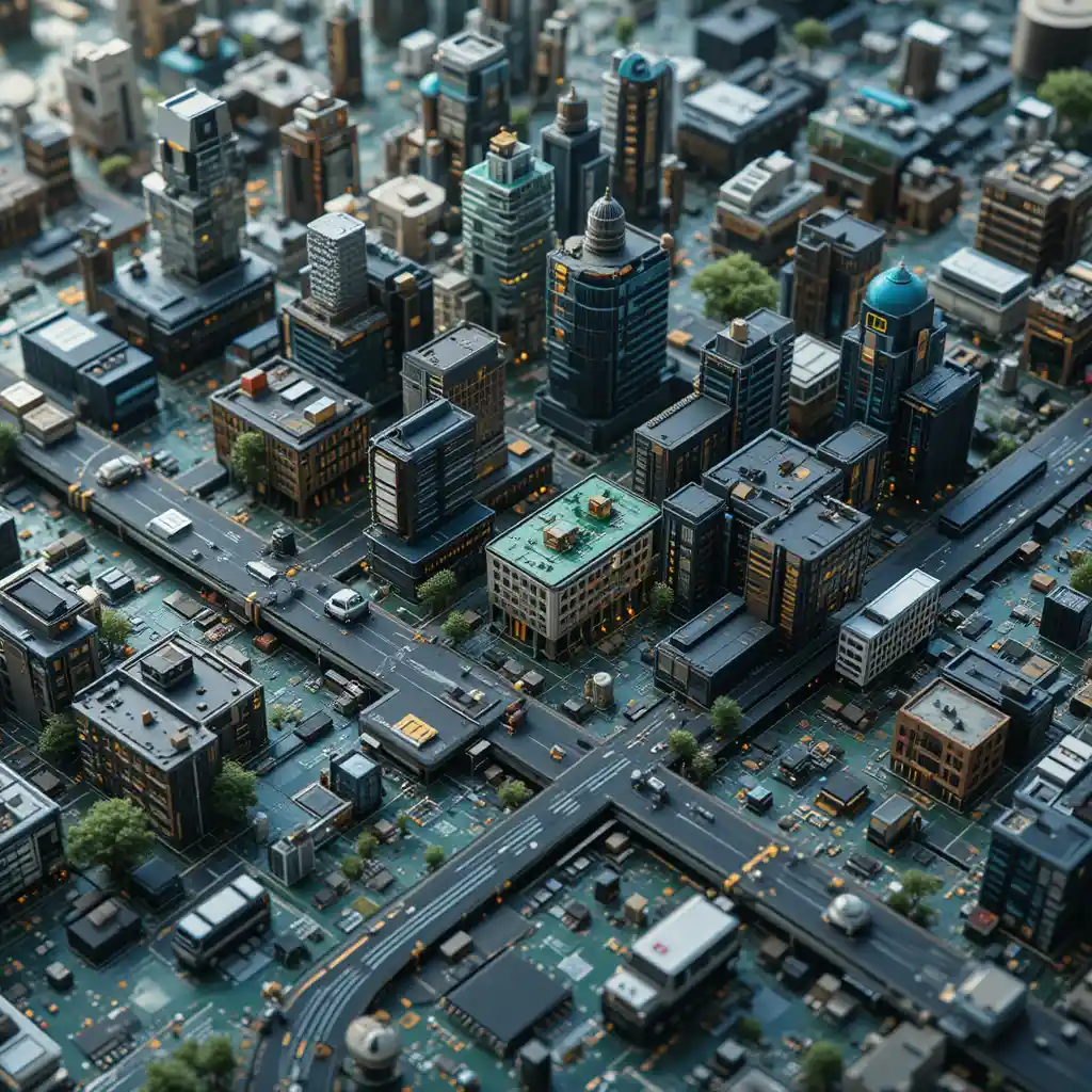 Futuristic cityscape built across a detailed computer motherboard