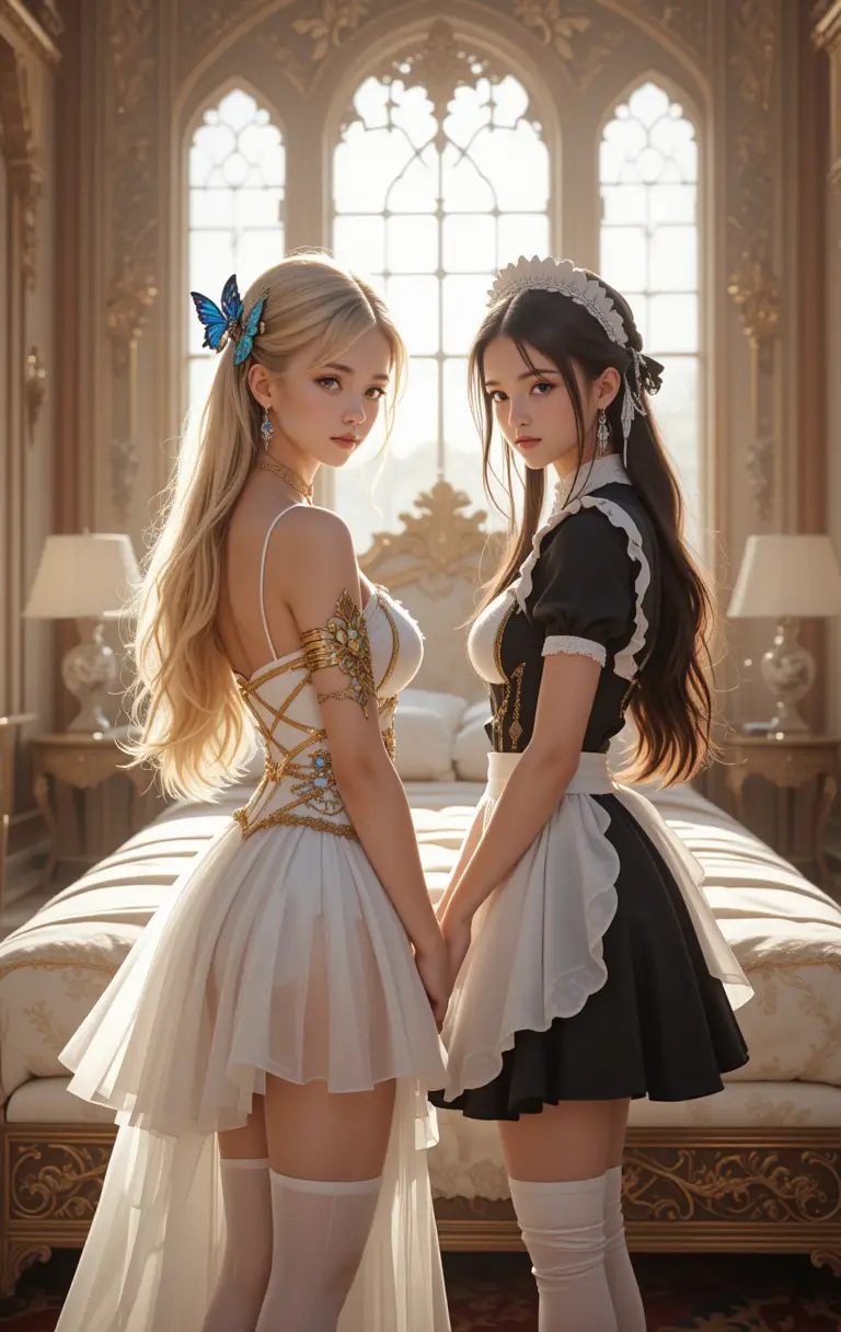 Two fantasy girls in a sunlit palace bedroom